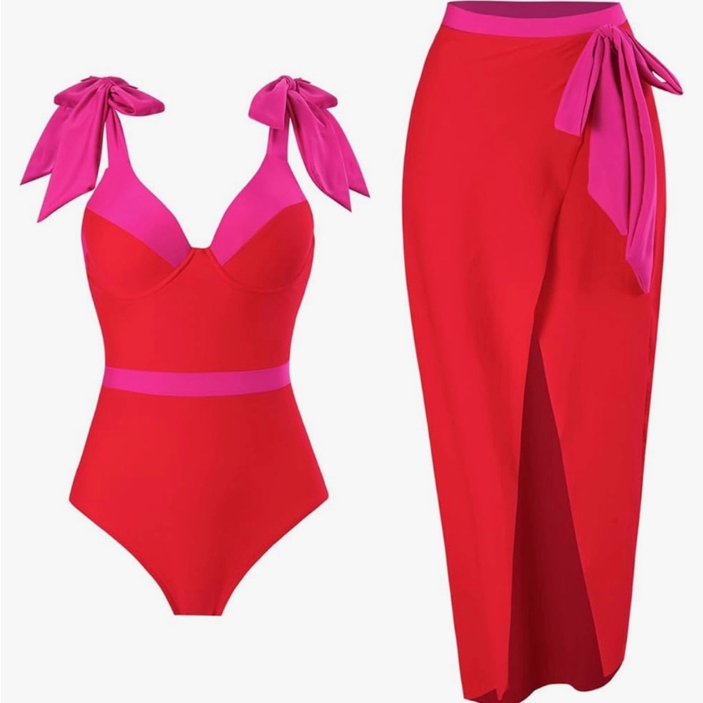 Red and Pink Women's One Piece Swimsuit